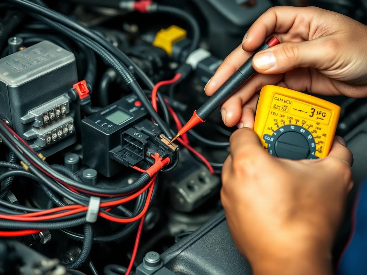 Multimeter probing an automotive wiring loom and ECU connector