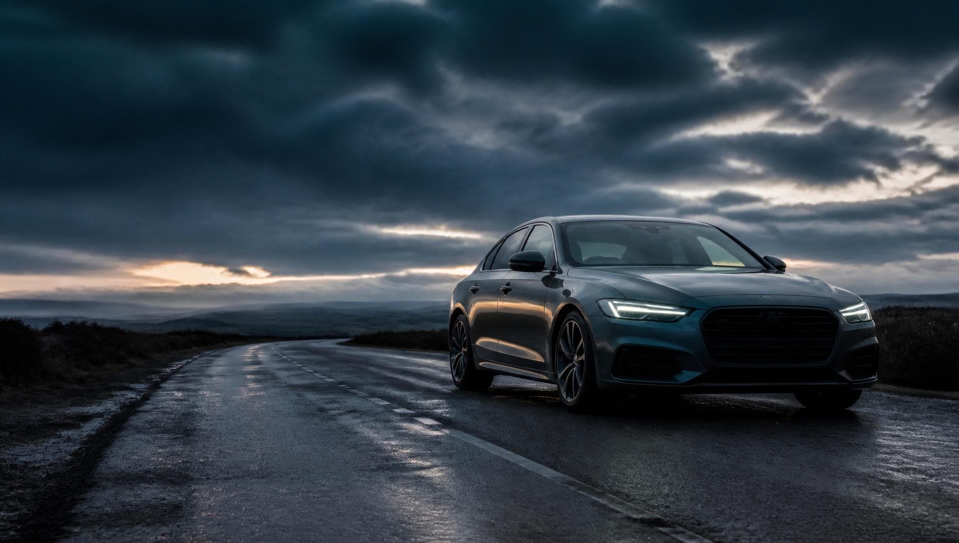 Premium saloon car photographed on a British country road at dusk