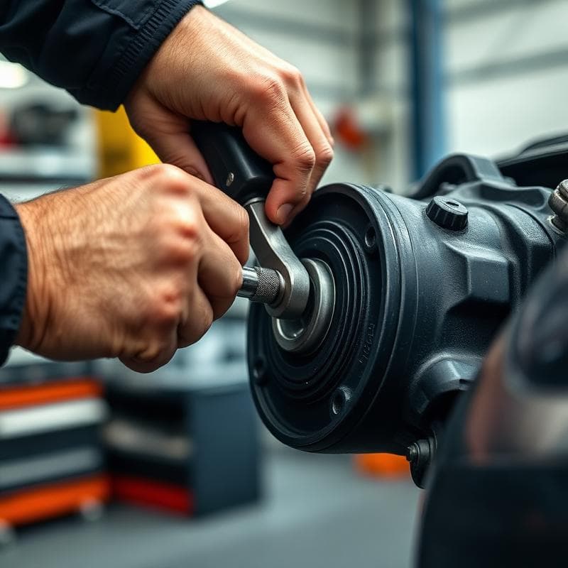 Mechanic servicing a vehicle component