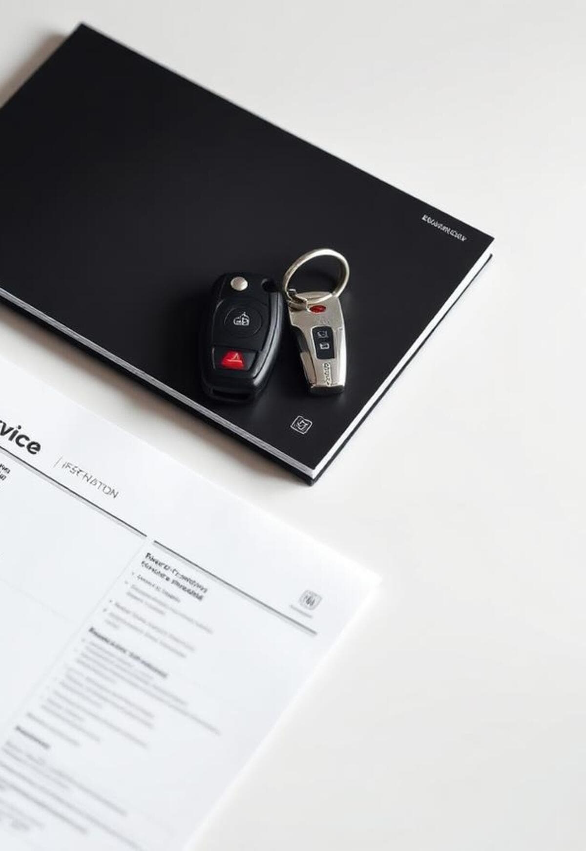 Vehicle specification documents and car keys on a desk