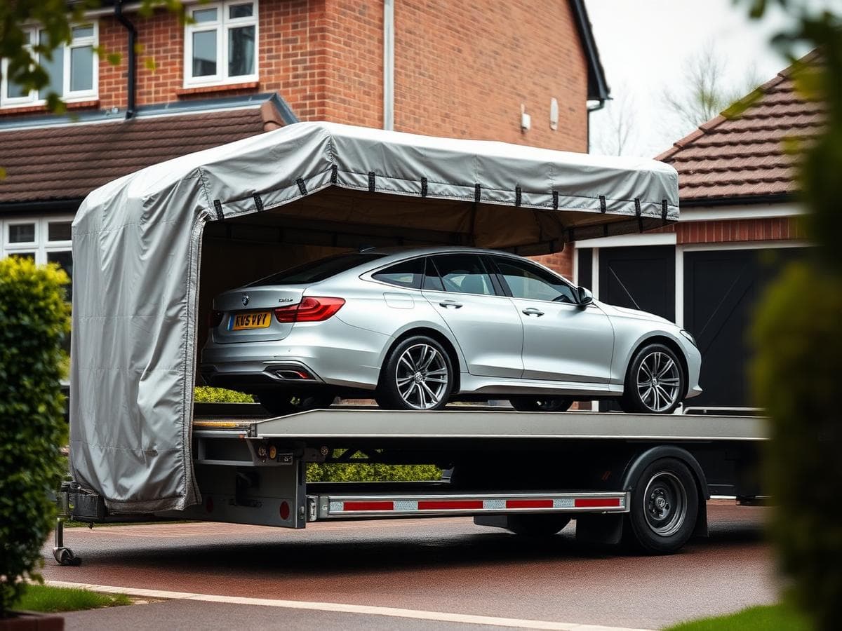 Covered transporter delivering a car to a British driveway