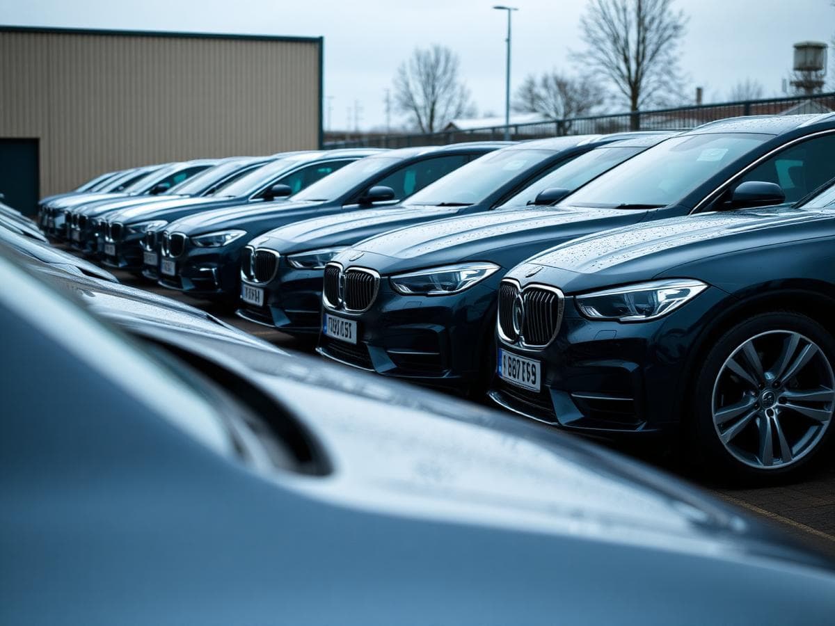 Row of used premium cars at a UK vehicle compound