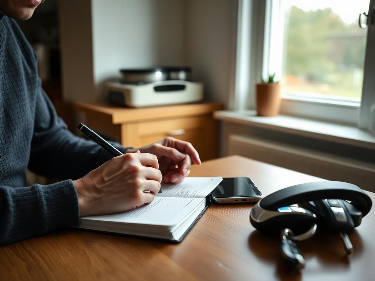 Person writing car requirements in a notebook at home