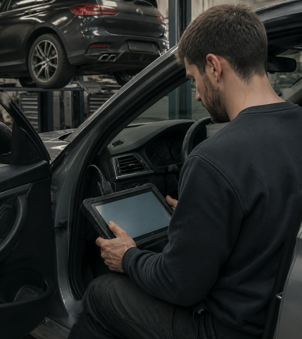 Technician running diagnostics in a workshop
